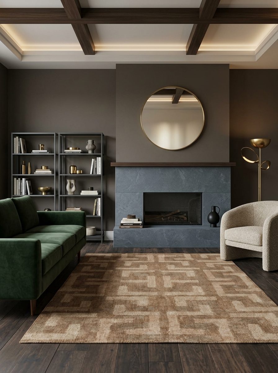 Tan and brown rug with a geometric Greek key pattern, styled in a modern living room with a fireplace.
