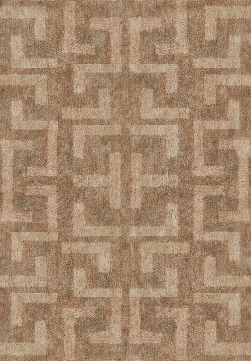 Load image 1 in gallery view. Tan and beige rug featuring a repeating geometric Greek key pattern.