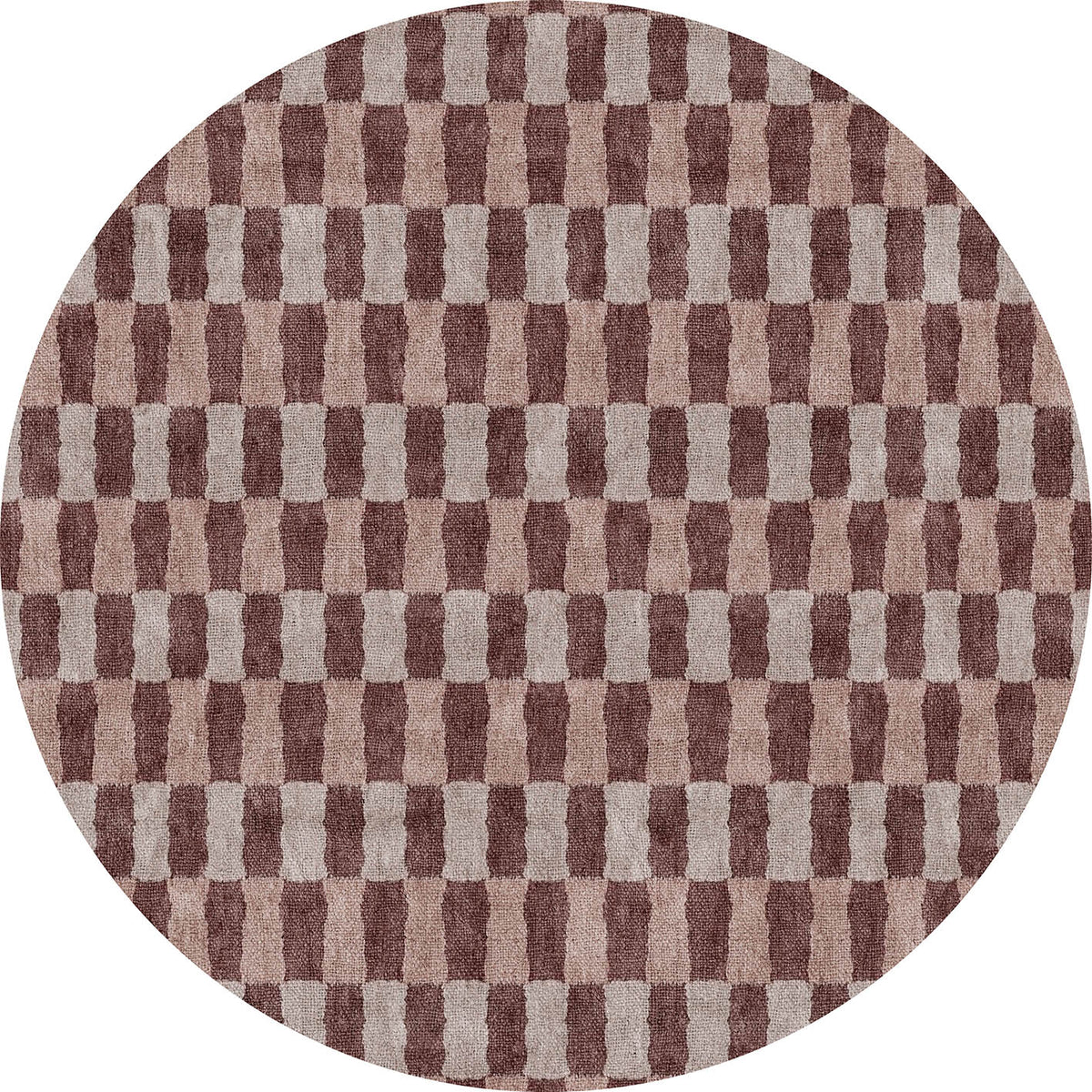 Circular rug with a repeating brown and beige geometric block pattern.