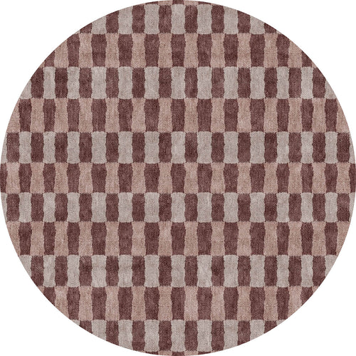 Load image 1 in gallery view. Circular rug with a repeating brown and beige geometric block pattern.