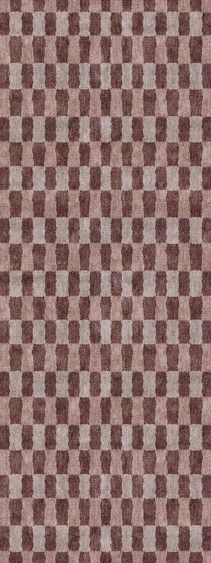 Brown and beige rug with a repeating geometric pattern of interlocking, rounded rectangular blocks.