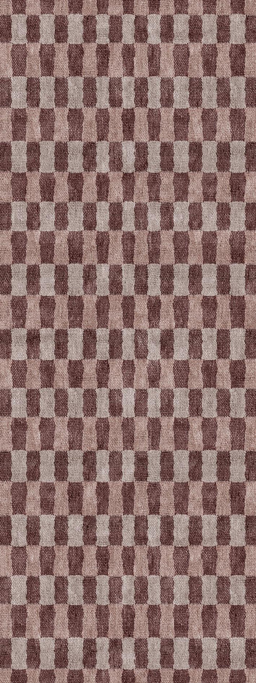 Load image 1 in gallery view. Brown and beige rug with a repeating geometric pattern of interlocking, rounded rectangular blocks.