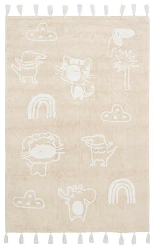 Load image 1 in gallery view. The Calm Nest - Washable Shaggy - CBN16 is a cream beige, ultra-soft cotton rug with white tufted rainbows, clouds, trees, and playful cartoon animals. Tassels accent the edges of this easy-to-clean rug.