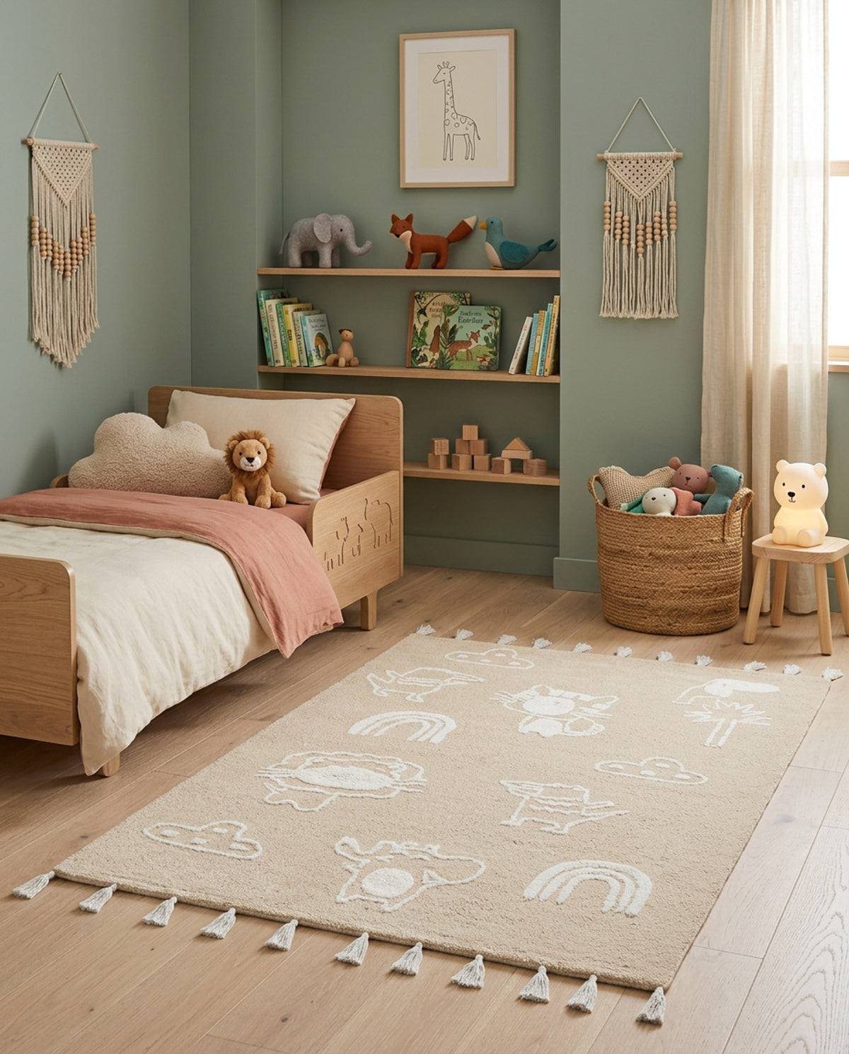 Beige rug with white animal and rainbow motifs and tasseled edges, styled in a child's bedroom.