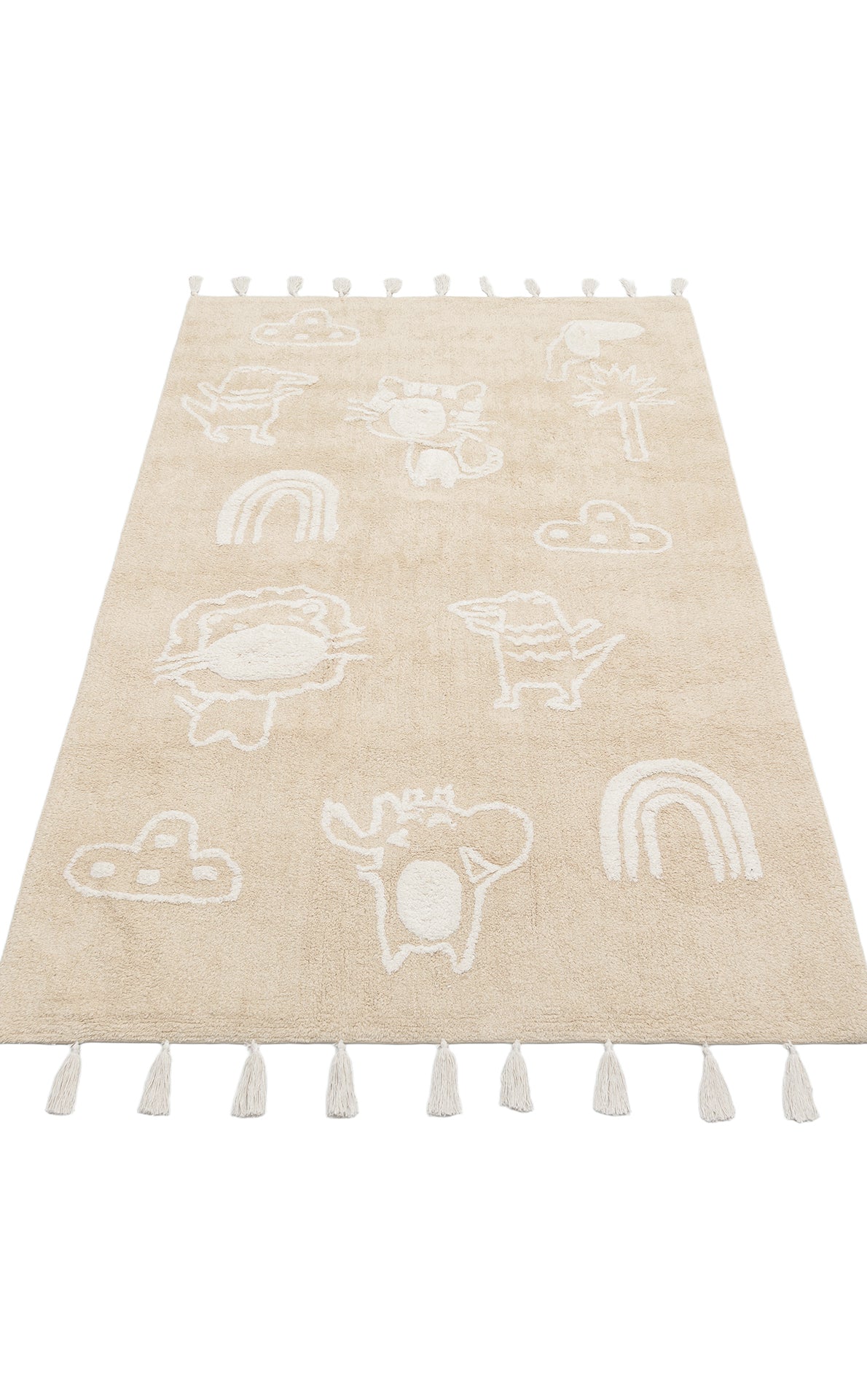 The Calm Nest - Washable Shaggy - CBN16 is an ultra-soft cream beige cotton rug with white line drawings of animals, rainbows, and clouds, finished with fringe tassels along the short edges.