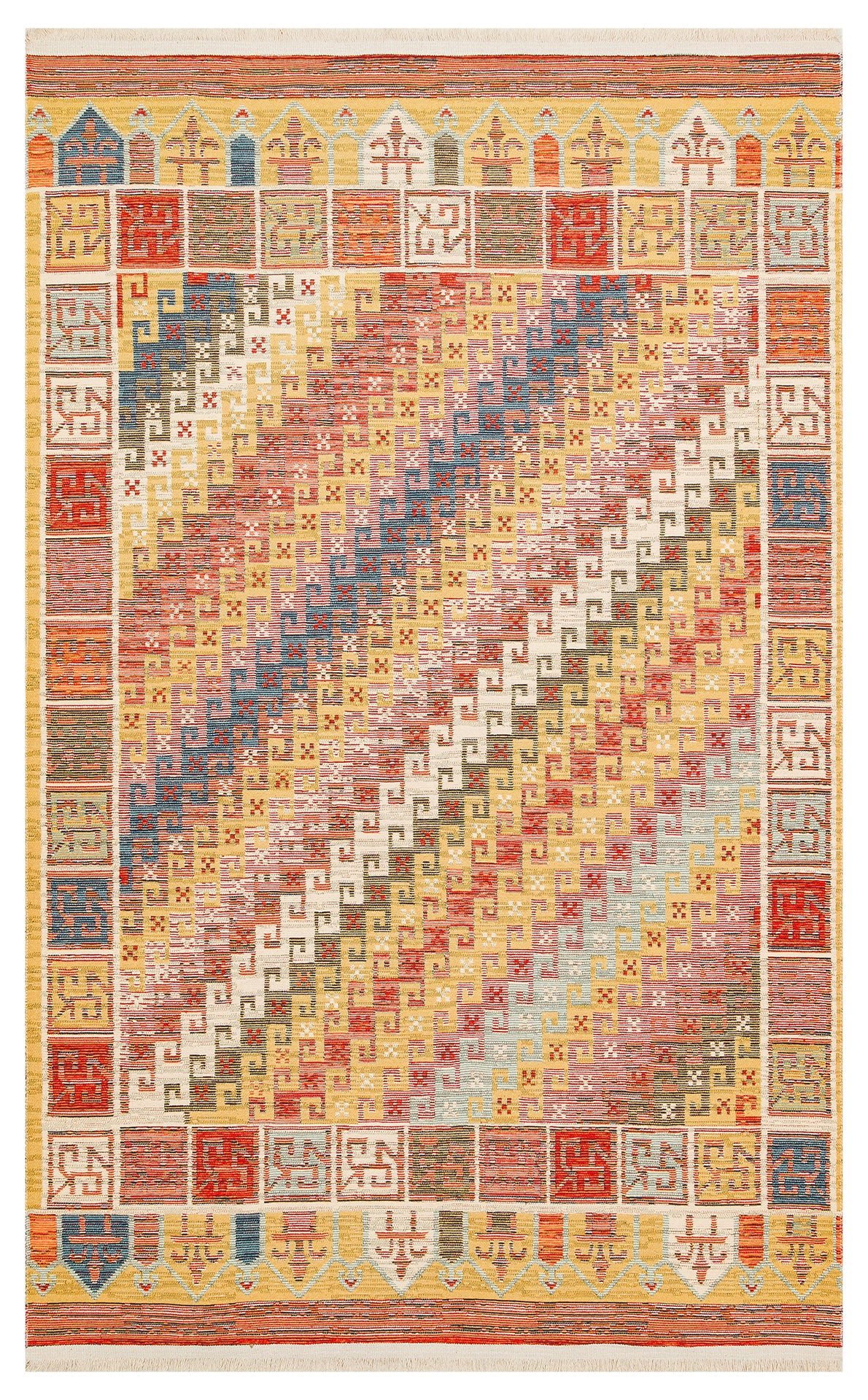 The Canyon Shade - Washable Reversible Kilim - NMD11 features vibrant diagonal stripes in red, blue, yellow, and beige with a border of multicolored squares and bold motifs—perfect for high-traffic areas and easy cleaning.