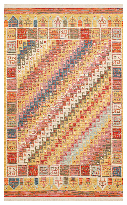 Load image 1 in gallery view. The Canyon Shade - Washable Reversible Kilim - NMD11 features vibrant diagonal stripes in red, blue, yellow, and beige with a border of multicolored squares and bold motifs—perfect for high-traffic areas and easy cleaning.