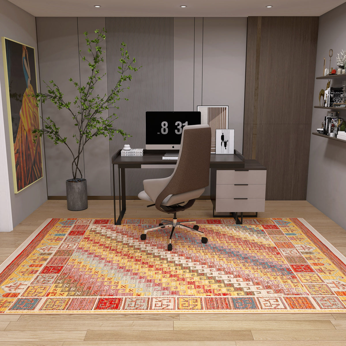 A modern home office with a desk, chair, computer, potted plant, wall art, bookshelves, and the Canyon Shade - Washable Reversible Kilim - NMD11 rug—a stylish high-traffic option for light wooden floors.