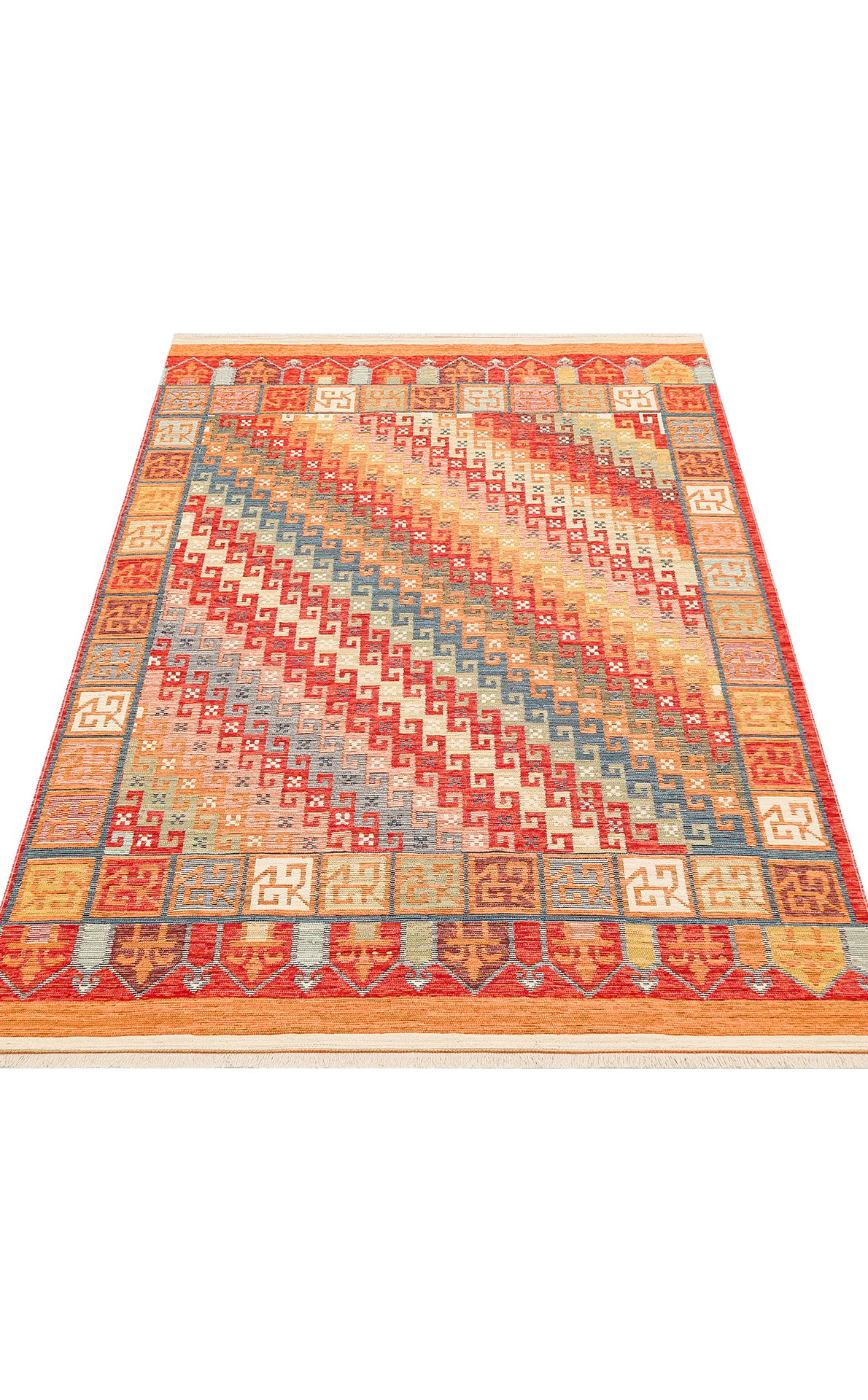 The Canyon Shade - Washable Reversible Kilim (NMD11) features a bold border and Greek key motifs in red, orange, yellow, blue, and beige—perfect for high-traffic areas with vibrant style and easy maintenance.