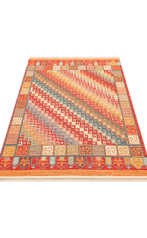 Load image 1 in gallery view. The Canyon Shade - Washable Reversible Kilim (NMD11) features a bold border and Greek key motifs in red, orange, yellow, blue, and beige—perfect for high-traffic areas with vibrant style and easy maintenance.