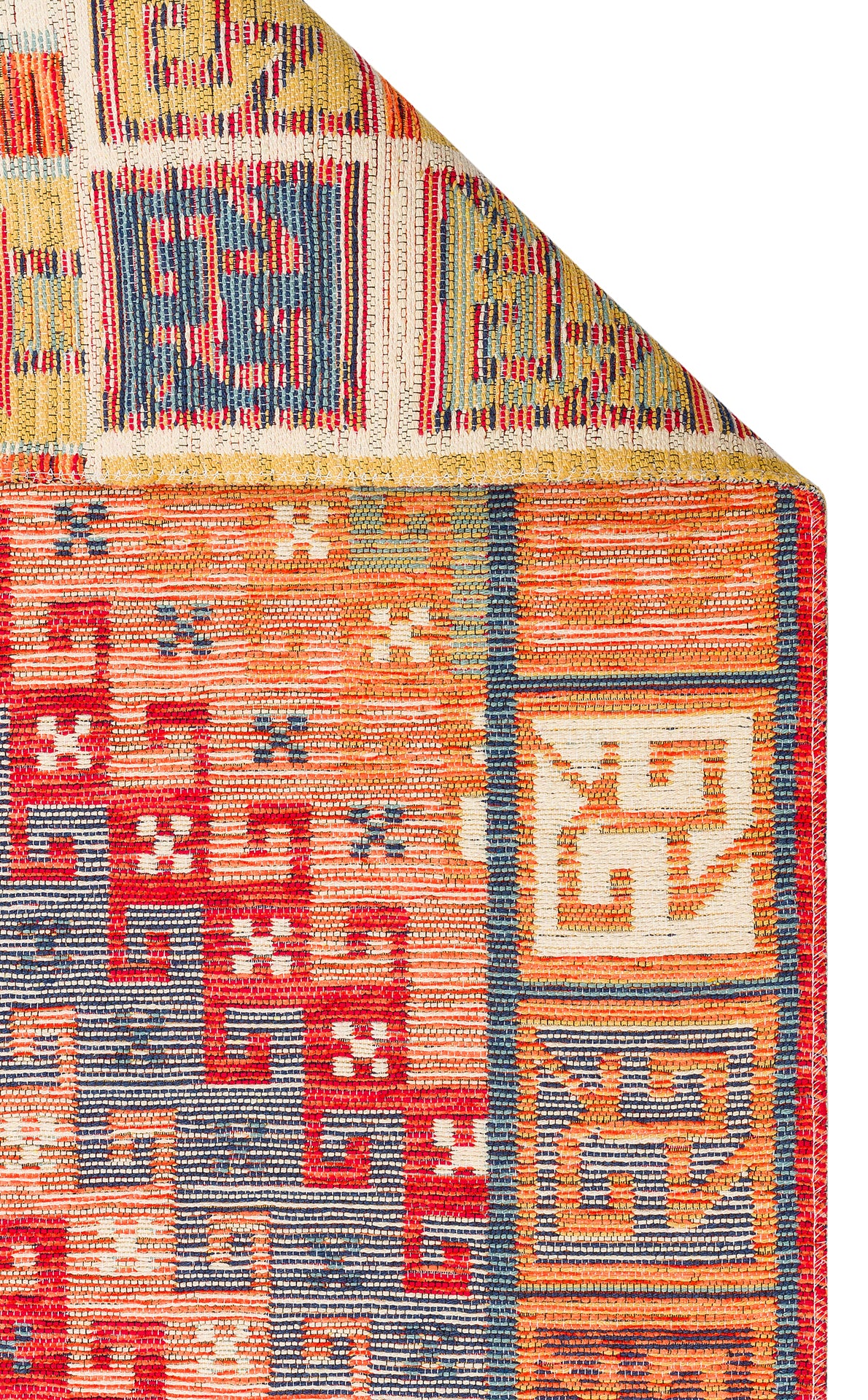 A close-up of the Canyon Shade - Washable Reversible Kilim - NMD11 shows vibrant orange, red, blue, and beige patterns. Its folded corner reveals similar designs on the underside, emphasizing this rug’s beauty, durability, and reversible feature.