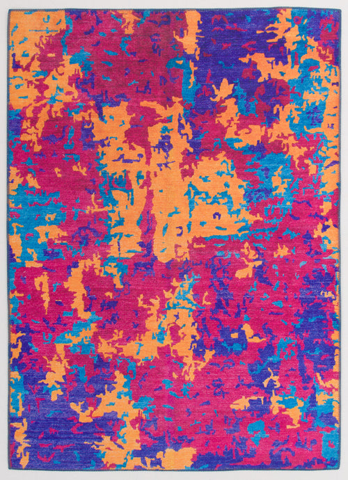 Bild 1 in Galerieansicht laden. The Celestial Tapestry - Washable Rug - JRS004 (Custom Size) features vibrant splashes of orange, pink, blue, and purple in an abstract painterly pattern—perfect for high-traffic areas and easy to care for.
