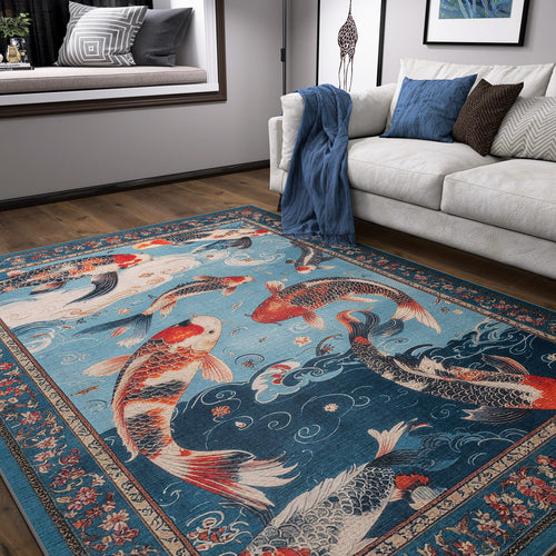 Load image 1 in gallery view. A living room with the Celestial Tide - Washable Rug - JRS019, featuring colorful koi fish designs, on a dark wood floor. A white sofa with blue and gray pillows and a blue throw sits nearby, with wall art and a window seat in the background.
