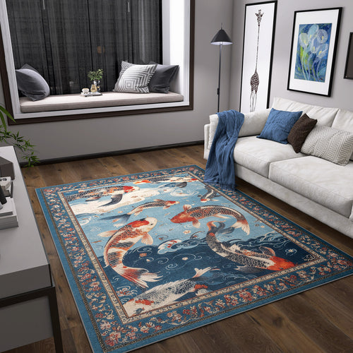 Load image 1 in gallery view. A stylish living room with wood floors, a white sofa with blue cushions, modern wall art, and the Celestial Tide - Washable Rug - JRS019 featuring colorful koi fish and floral borders. A window seat with pillows sits in the background.