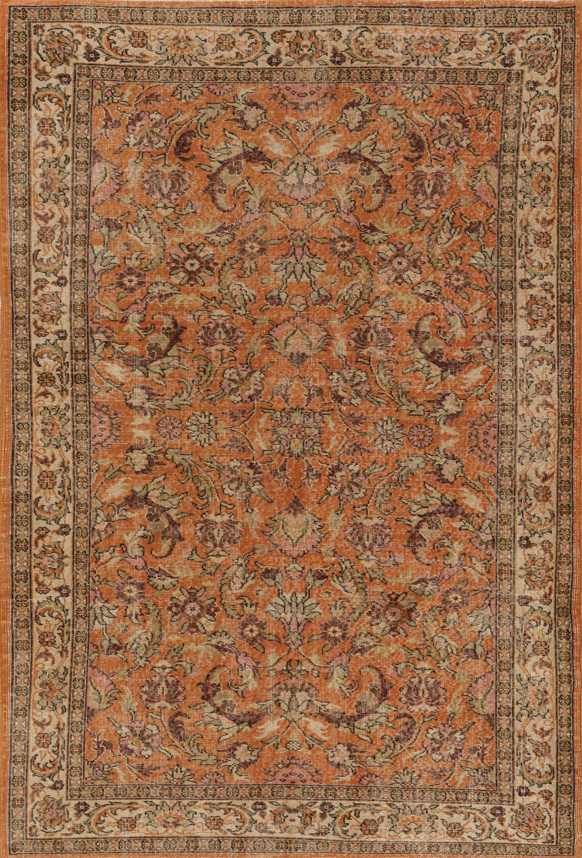 The Celestial Vintage - Washable Rug - JRN1020 features an ornate orange design with intricate floral patterns in warm gold, beige, and brown shades, framed by a detailed cream and tan border with additional floral motifs.