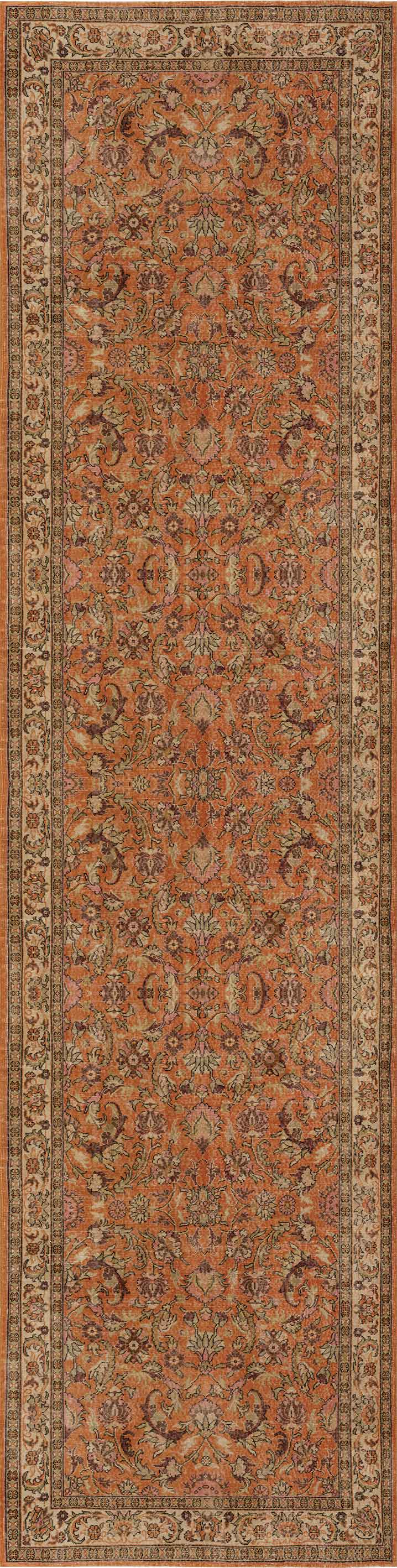 The Celestial Vintage - Washable Rug - JRN1020 is a rectangular Oriental rug with an intricate floral pattern in warm red, orange, and beige hues, decorated with a symmetrical border and detailed design accents.
