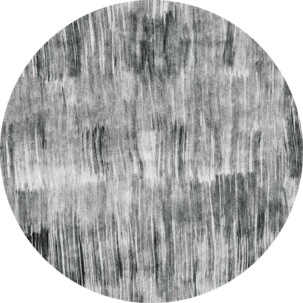 Round black and white rug with a distressed, vertical brushstroke pattern.