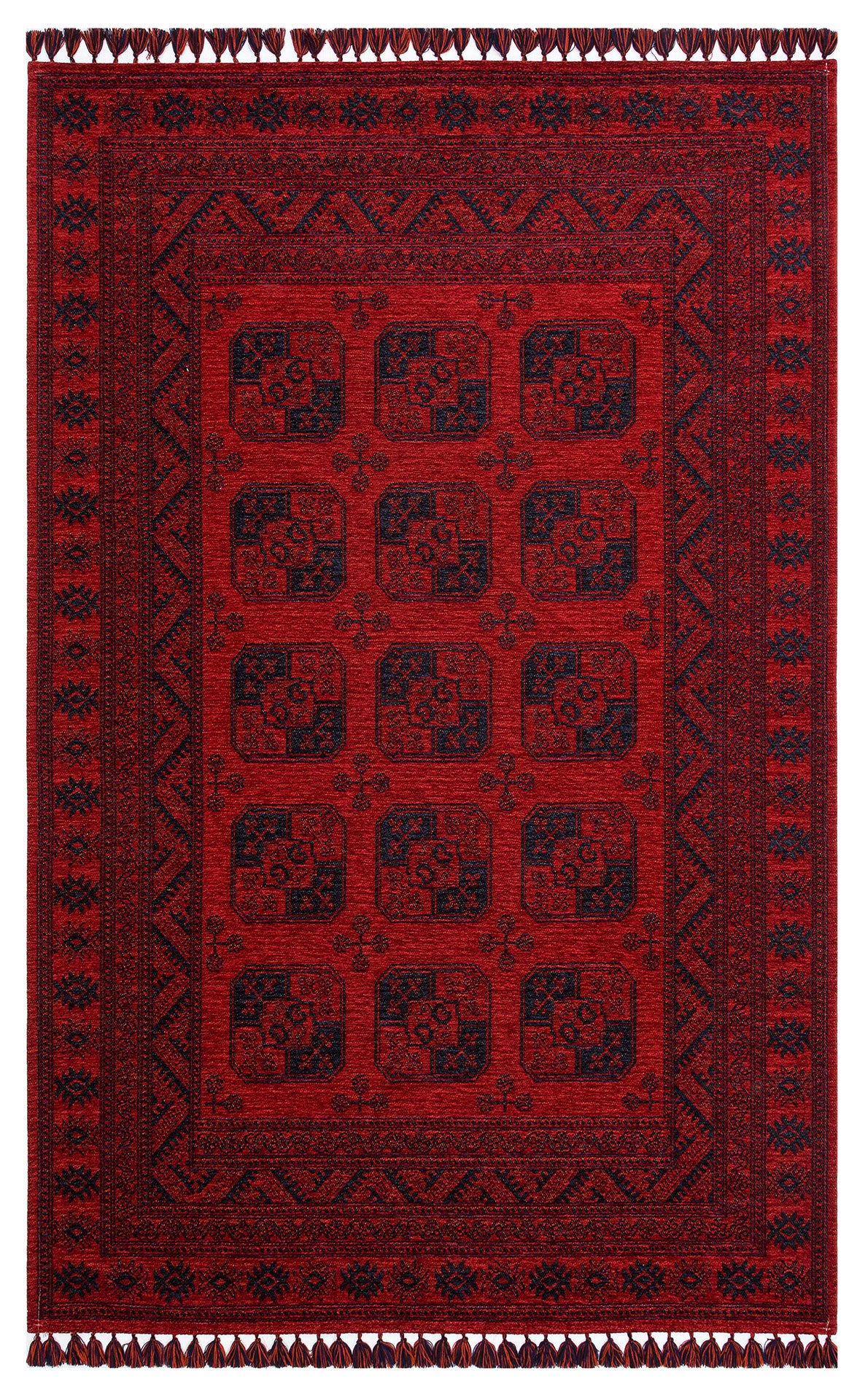 The Cherry Texture - Washable Kilim - BHR01 is a rectangular red and black rug with geometric patterns, a decorative border, fringe on the short edges, and repeated square motifs in rows; it features a traditional flatwoven design.