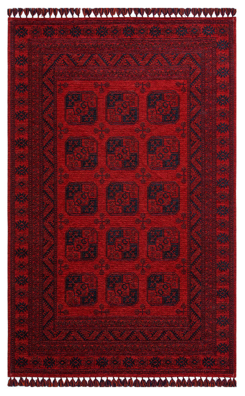 Load image 1 in gallery view. The Cherry Texture - Washable Kilim - BHR01 is a rectangular red and black rug with geometric patterns, a decorative border, fringe on the short edges, and repeated square motifs in rows; it features a traditional flatwoven design.