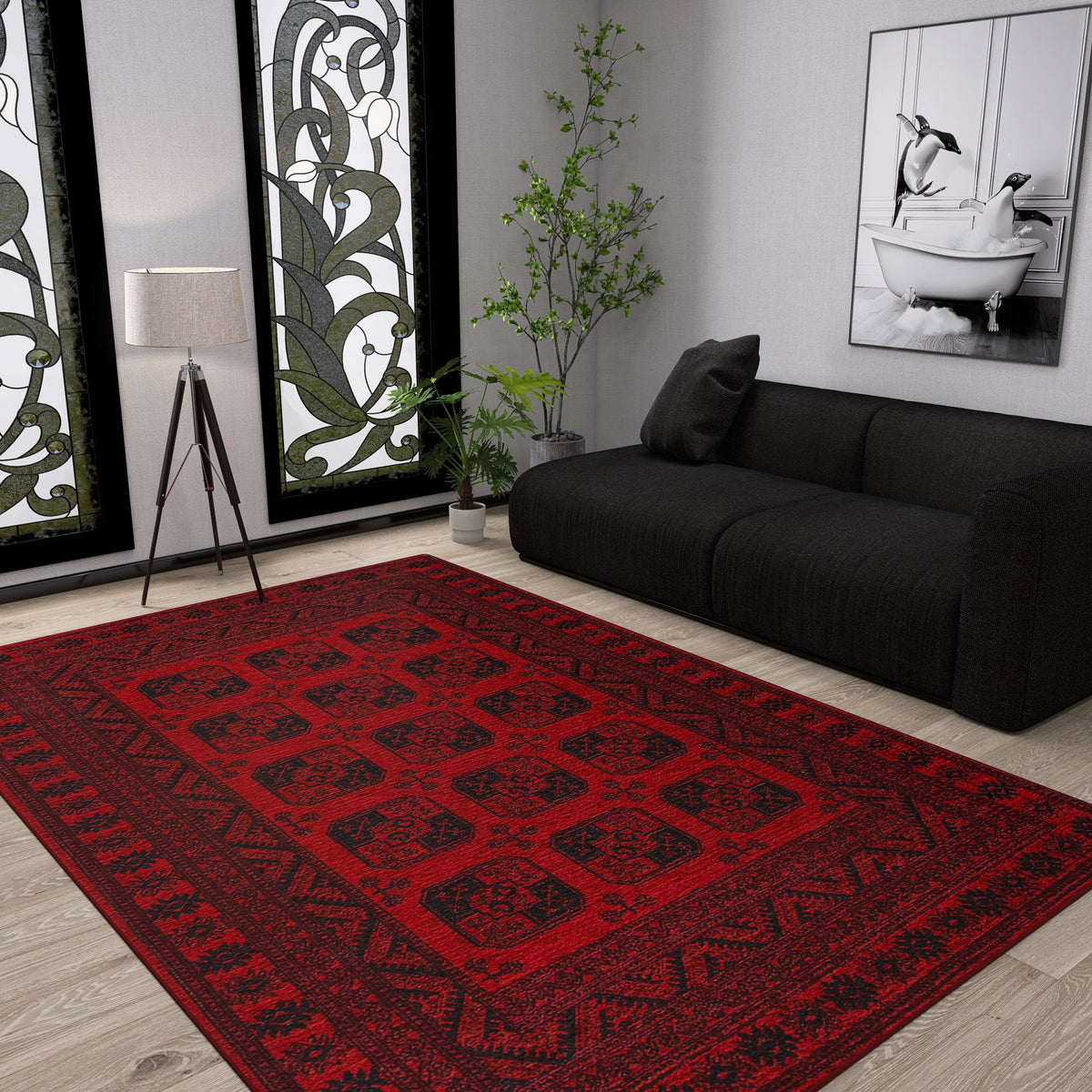 A modern living room with a dark sofa, the Cherry Texture - Washable Kilim - BHR01 in red, a floor lamp, potted plant, wall art of a person in a bathtub, and large windows with decorative glass panels letting in light.