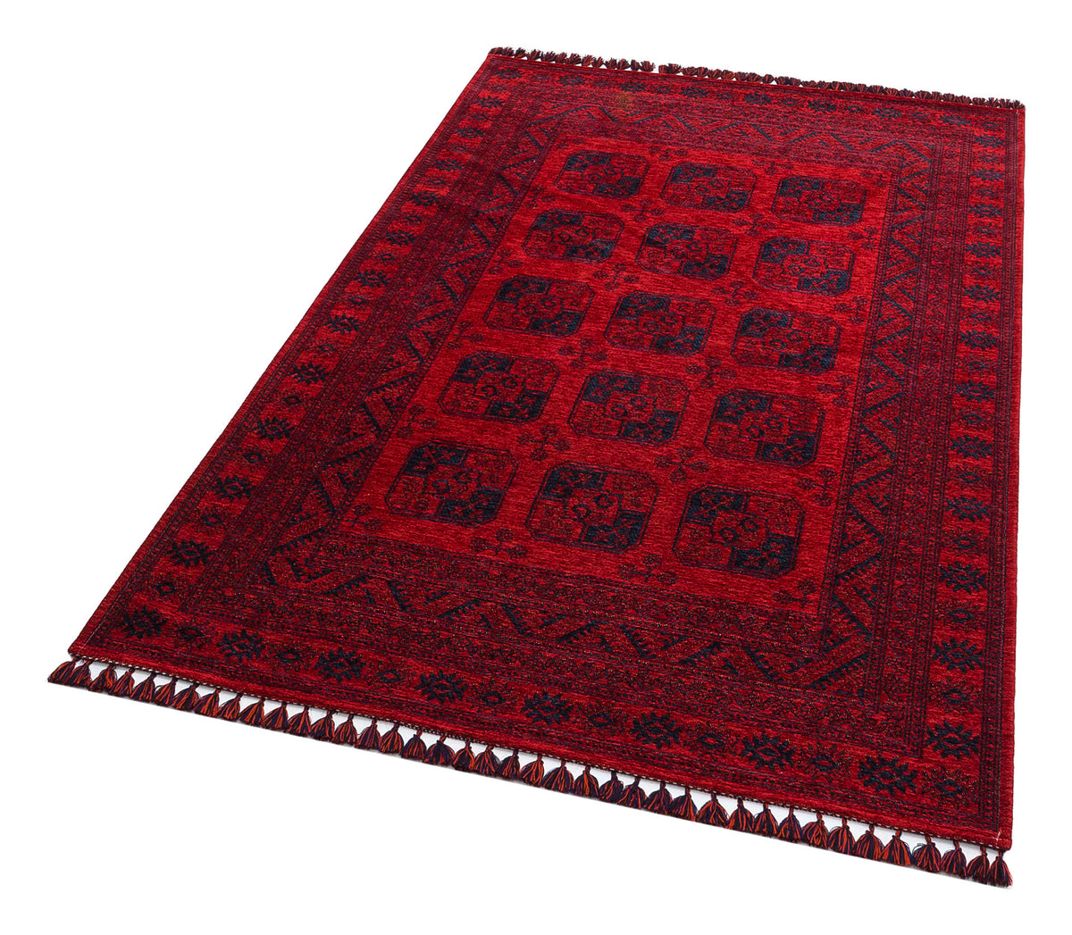 The Cherry Texture - Washable Kilim (BHR01) is a rectangular red Turkish rug with black geometric patterns and tasseled short edges.