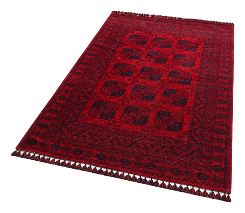 Load image 1 in gallery view. The Cherry Texture - Washable Kilim (BHR01) is a rectangular red Turkish rug with black geometric patterns and tasseled short edges.