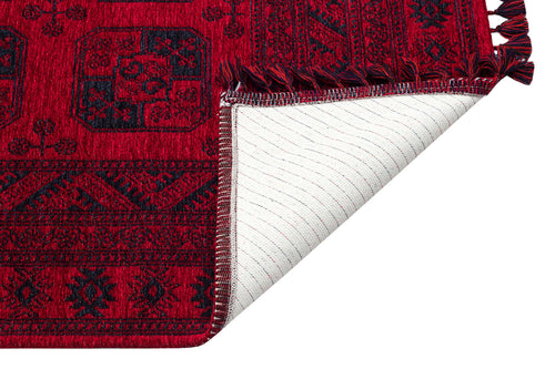 Load image 1 in gallery view. The Cherry Texture - Washable Kilim - BHR01 is a red and black patterned flatwoven rug with fringe, shown with one corner flipped to display its white non-slip backing featuring thin, evenly spaced lines.
