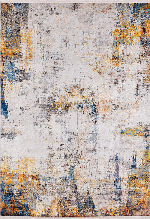 Load image 1 in gallery view. The Chromatic Kaleidoscope - Washable Rug - JR1483 (Custom Size) showcases a distressed abstract pattern in white, gray, gold, orange, and blue for an artistic touch. Its durable, textured design is ideal for high-traffic areas and easy cleaning.