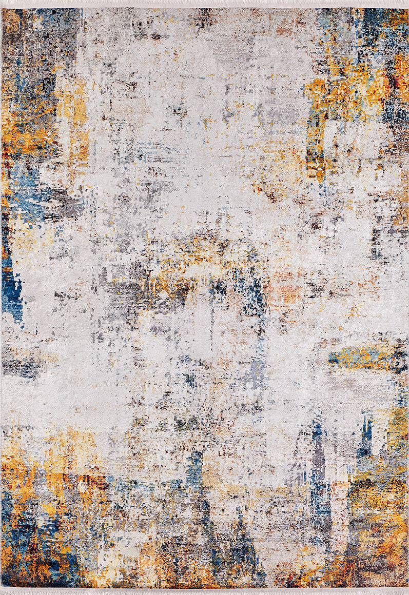 The Chromatic Kaleidoscope - Washable Rug - JR1483 (Custom Size) showcases a distressed abstract pattern in white, gray, gold, orange, and blue for an artistic touch. Its durable, textured design is ideal for high-traffic areas and easy cleaning.