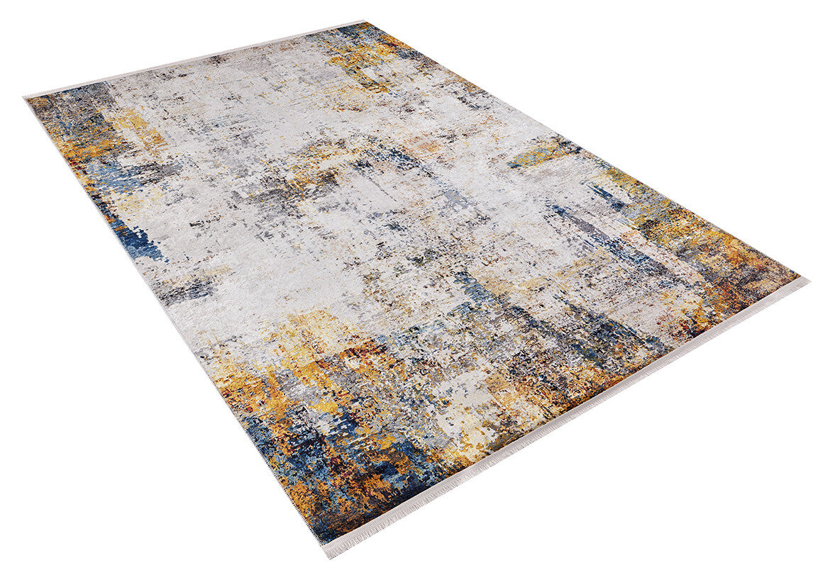 The Chromatic Kaleidoscope - Washable Rug - JR1483 (Custom Size) features an abstract pattern in white, yellow, blue, and gray. This rectangular yellow-gold rug is perfect for high-traffic areas and shown against a white background.
