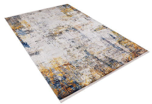 Load image 1 in gallery view. The Chromatic Kaleidoscope - Washable Rug - JR1483 (Custom Size) features an abstract pattern in white, yellow, blue, and gray. This rectangular yellow-gold rug is perfect for high-traffic areas and shown against a white background.