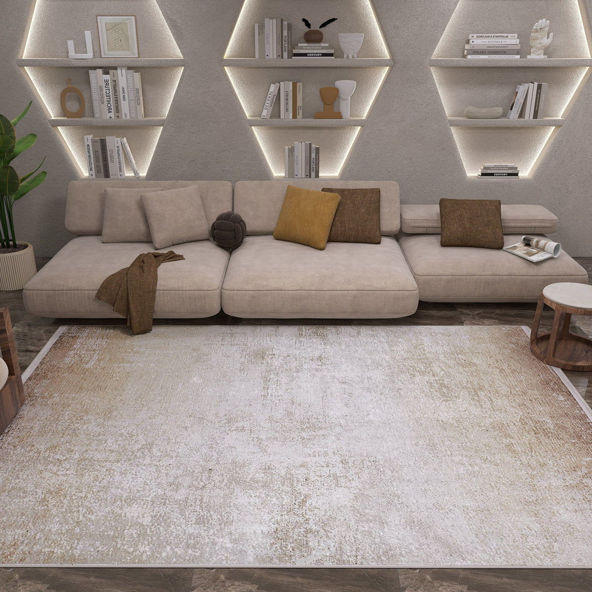 A modern living room featuring a beige sectional, brown and mustard cushions, wooden side tables, plants, and illuminated geometric wall shelves, centered around the Cinnamon Swirl - Washable Rug - JR425 (Custom Size).