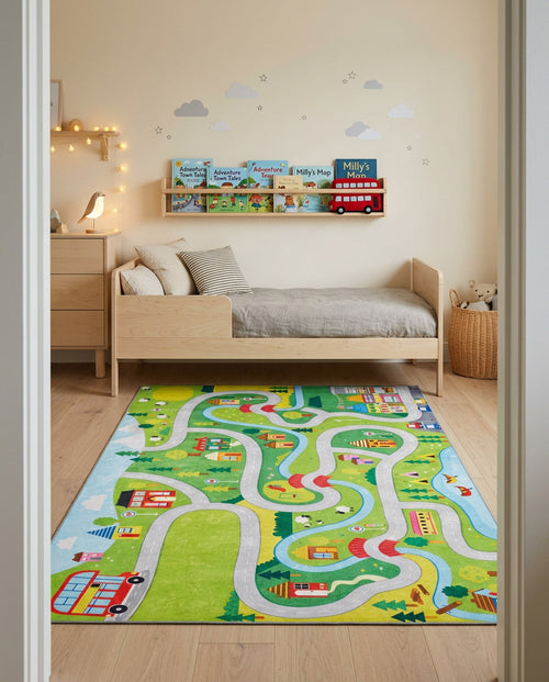 Bild 1 in Galerieansicht laden. Green rug featuring a winding road, buildings, and trees, styled in a child's bedroom.
