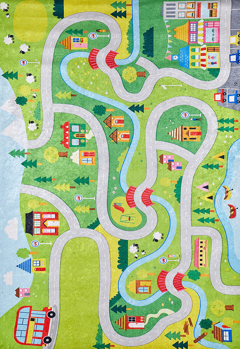 The City Adventure - Machine-Washable Rug JRC039 (Custom Size) features colorful roads, bridges, rivers, houses, schools, shops, animals, and a red bus on a green landscape—perfect for kids’ play and high-traffic spaces.