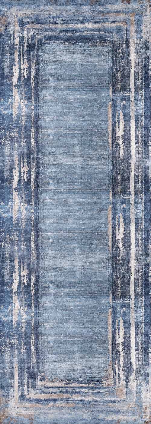 Bild 1 in Galerieansicht laden. The Classic Bordered - Washable Rug - JR1197 is a rectangular, blue gradient rug with a lighter center, darker and white distressed borders, subtle beige hints, and layered look. It's washable and ideal for high-traffic areas.