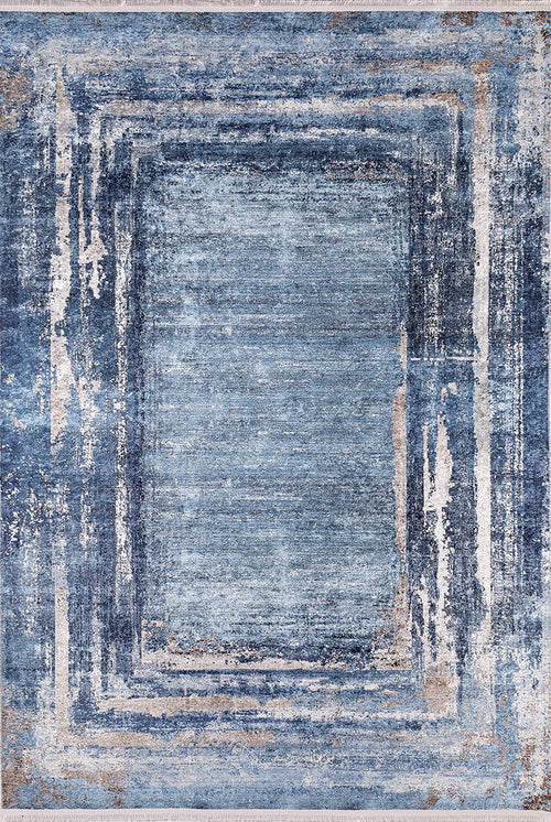 Load image 1 in gallery view. The Classic Bordered - Washable Rug - JR1197 (Custom Size) features a rectangular shape, abstract design in blue, white, and beige, layered weathered borders, and a distressed look—perfect for high-traffic areas.