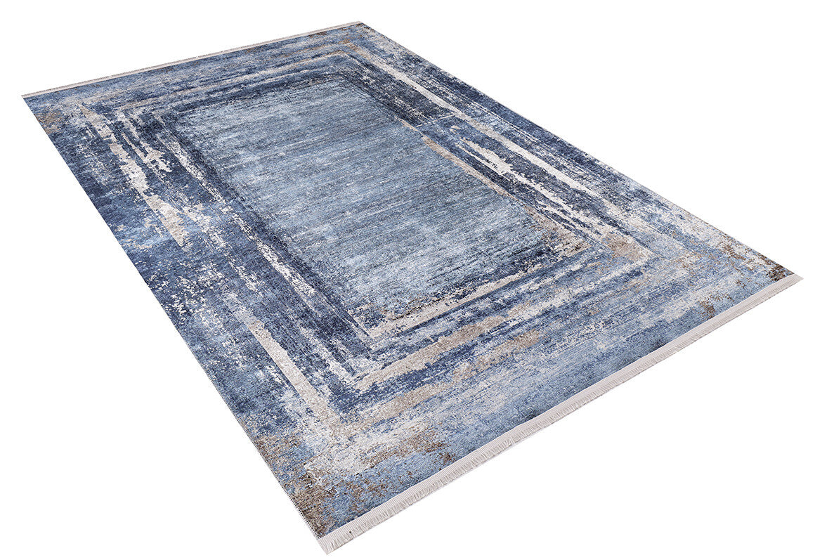 The Classic Bordered - Washable Rug - JR1197 (Custom Size) features a rectangular shape, layered rectangular border patterns in blue, gray, and beige with a textured, slightly distressed look—perfect for high-traffic areas.