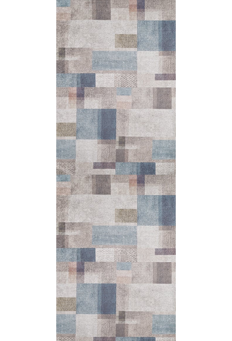 The Classic Check - Washable Rug - JR1955 features a geometric pattern with overlapping rectangles in blue, gray, beige, and muted lavender on a light background. Its modern style and washable design make it ideal for high-traffic areas.