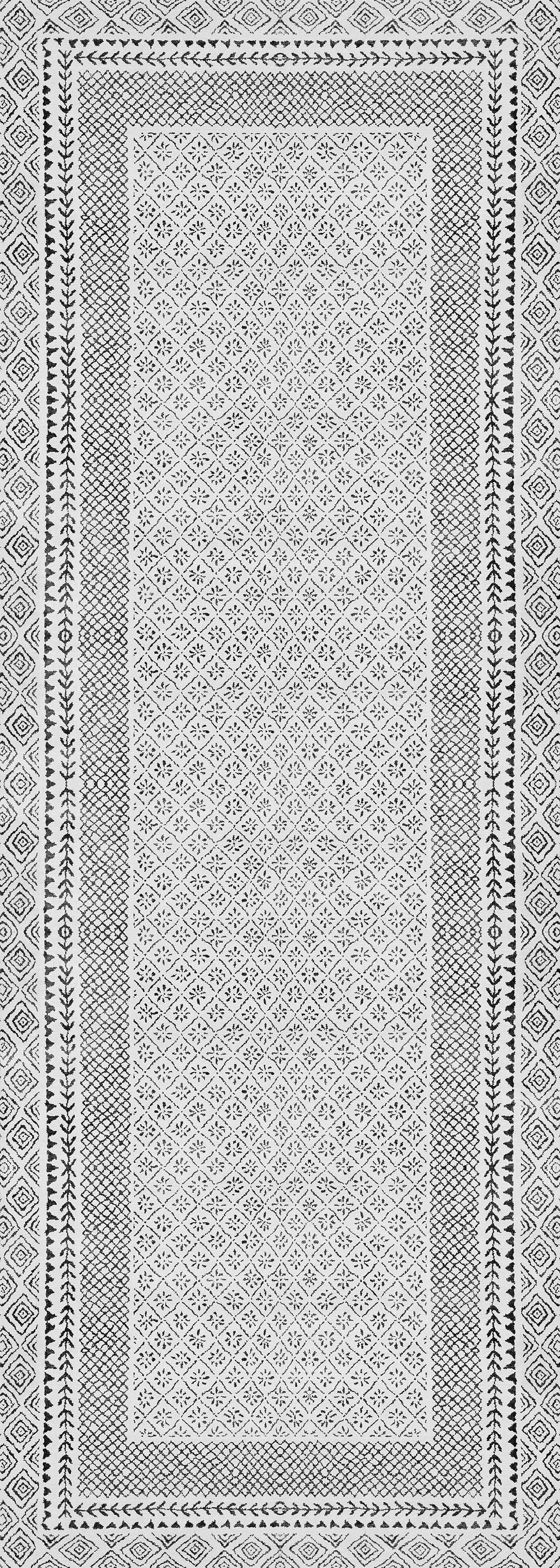 The Classic Contrast - Washable Rug - JR1985 features a black and white geometric design with hexagons and stars in a central rectangle, detailed borders, and a durable, washable gray-anthracite finish.