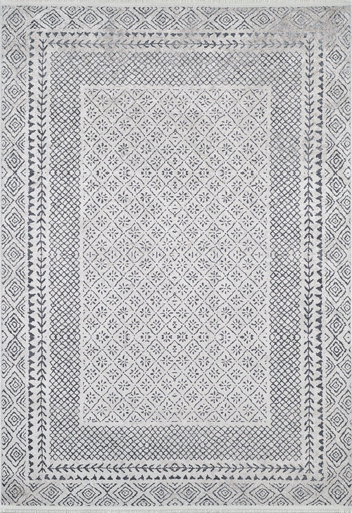 Load image 1 in gallery view. The Classic Contrast - Washable Rug - JR1985 (Custom Size) features a rectangular flat weave, diamond lattice and floral motifs, with geometric and leaf-patterned borders in grey and anthracite. Stylish, washable, perfect for any space.