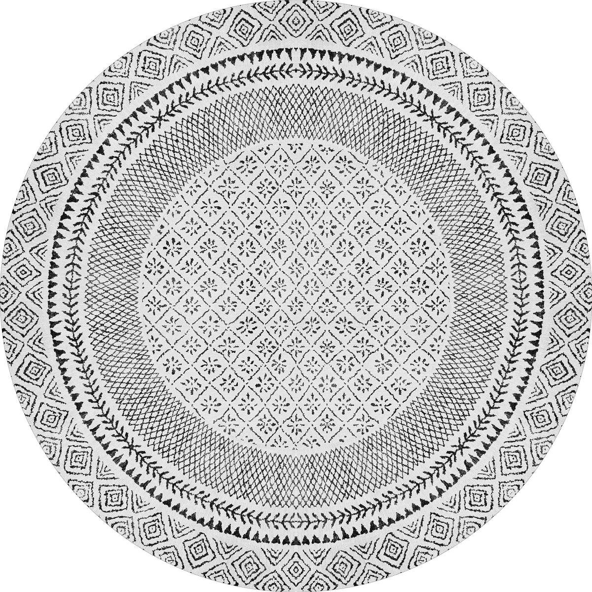 The Classic Contrast - Washable Rug - JR1985 (Custom Size) is a round flat weave rug with black geometric, floral, and diamond patterns on a white background, featuring concentric bands and decorative borders.