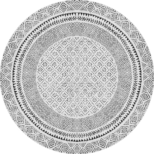 Load image 1 in gallery view. The Classic Contrast - Washable Rug - JR1985 (Custom Size) is a round flat weave rug with black geometric, floral, and diamond patterns on a white background, featuring concentric bands and decorative borders.