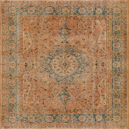 Load image 1 in gallery view. The Classic Laurel - Washable Rug (JRN1022) features an ornate central medallion, floral and vine motifs, and a decorative border in gold, blue, and coral on cream beige, all with a slightly faded vintage look.