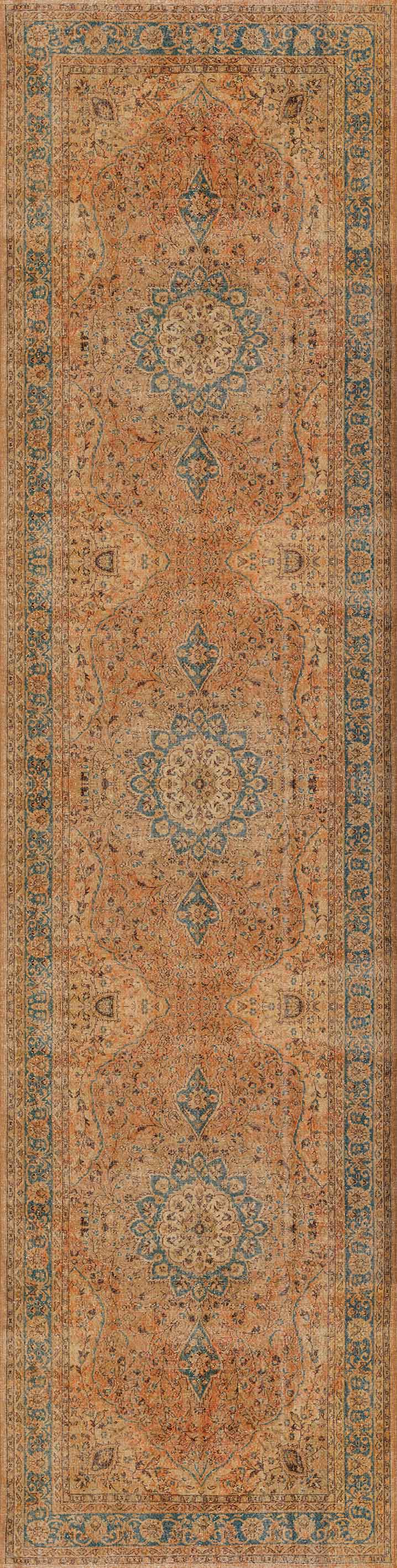The Classic Laurel - Washable Rug (JRN1022) is a long, rectangular vintage-style rug with intricate orange, blue, and beige floral patterns, symmetrical central medallions, and a detailed decorative border.