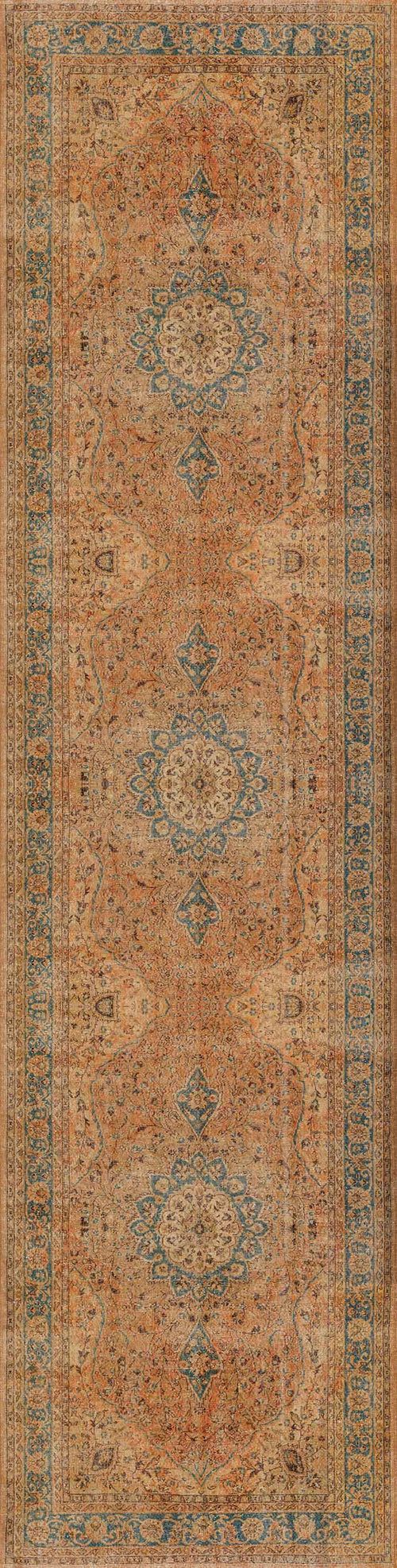 Load image 1 in gallery view. The Classic Laurel - Washable Rug (JRN1022) is a long, rectangular vintage-style rug with intricate orange, blue, and beige floral patterns, symmetrical central medallions, and a detailed decorative border.