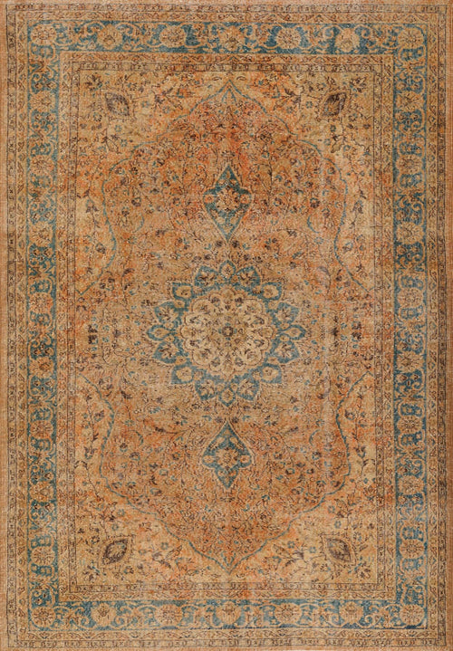 Load image 1 in gallery view. The Classic Laurel - Washable Rug - JRN1022 (Custom Size) features a vintage-inspired medallion, ornate floral details in orange, beige, and blue, a detailed border, and an antique faded look for timeless elegance.