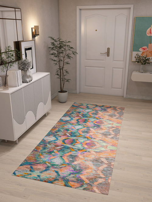 Bild 1 in Galerieansicht laden. The Classic Motif - Washable Rug - JRN29, featuring abstract geometric patterns in bright colors, adds style to a light wood hallway with white walls and modern decor—ideal for high-traffic areas.
