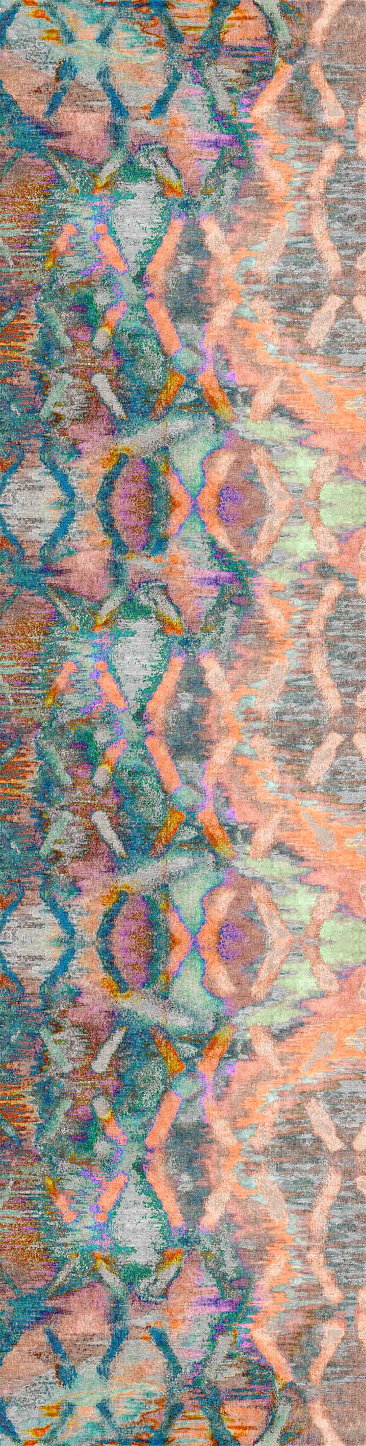 The Classic Motif - Washable Rug - JRN29 features a colorful abstract pattern with wavy, zigzag lines in teal, orange, pink, and gray, creating a textured design ideal for high-traffic areas.
