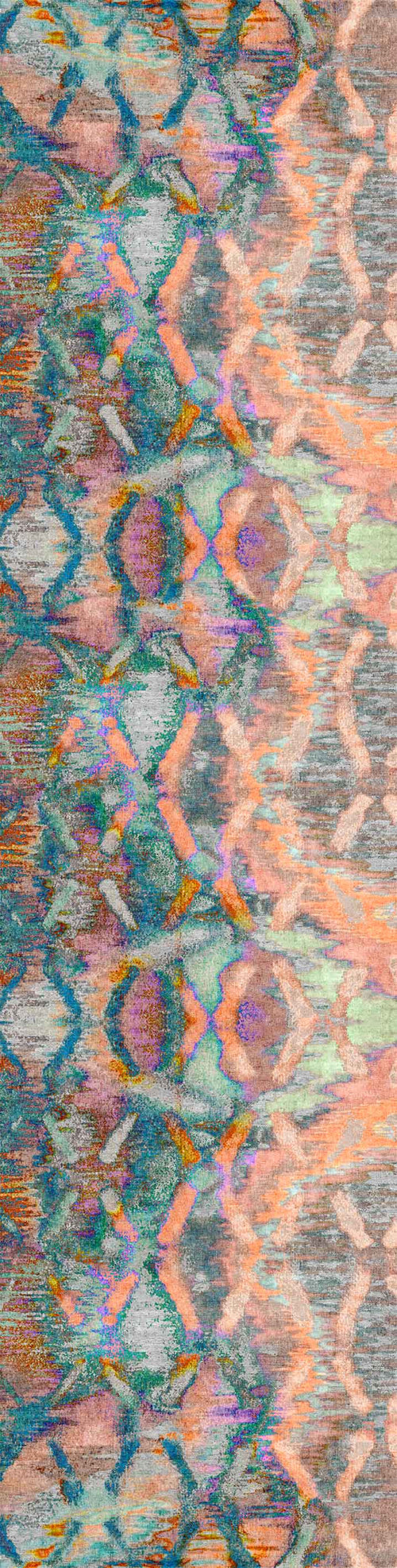 Bild 1 in Galerieansicht laden. The Classic Motif - Washable Rug - JRN29 features a colorful abstract pattern with wavy, zigzag lines in teal, orange, pink, and gray, creating a textured design ideal for high-traffic areas.