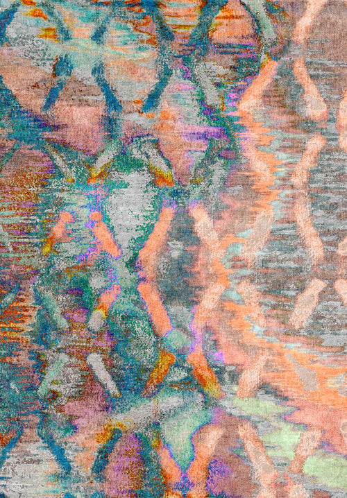 Load image 1 in gallery view. The Classic Motif - Washable Rug - JRN29 (Custom Size) showcases wavy, interlocking orange, blue, green, and purple lines on a textured gray background—perfect for high-traffic areas with its dynamic, painterly look.